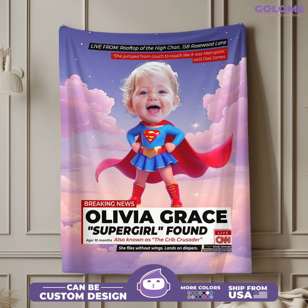 Personalized Baby Supergirl Blanket – Custom Name, Photo & Funny CNN Style Design